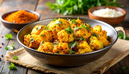 A close-up shot of a flavorful dish, showcasing golden cauliflower florets and vibrant spices, garnished with fresh herbs. The presentation is rustic