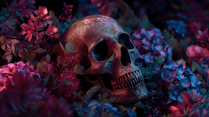 A human skull surrounded by vibrant flowers in a dark setting