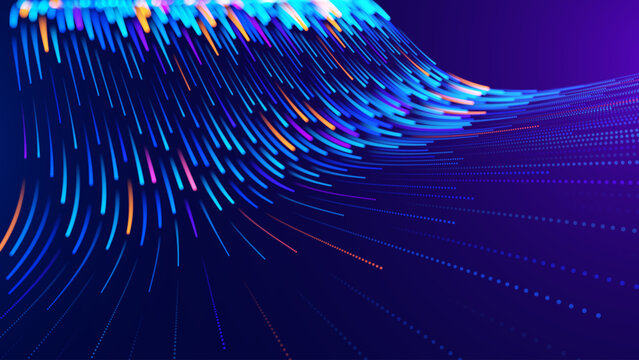 AI Data Processing Illustration with Neural Network Streamlines. Blue Background for Business Intelligence Reports and Tech Visuals.