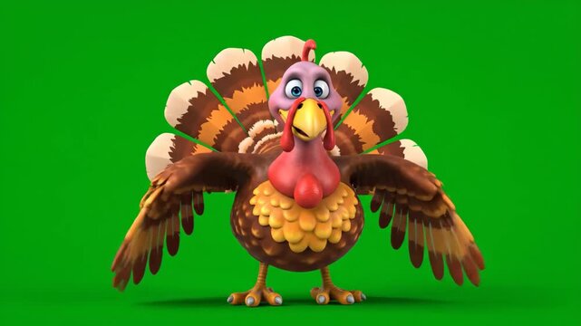 3D Animated Thanksgiving Turkey Cartoon Character Spreading Wings in 4K Motion Video Footage