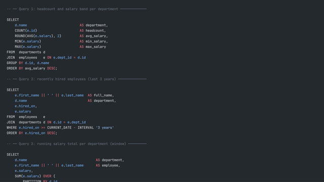 Modern Developer Programmer Screen with Database SQL Programming Language Code with Color Syntax Highlighting. Vector Illustration.