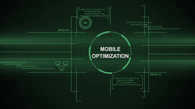 A high-tech digital HUD interface displaying Mobile Optimization text, featuring glowing green data elements, AI icons, and numerical code on a dark grid background.