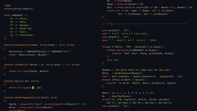 Modern Developer Programmer Screen with Computer Programming Language Code with Color Syntax Highlighting. Vector Illustration.