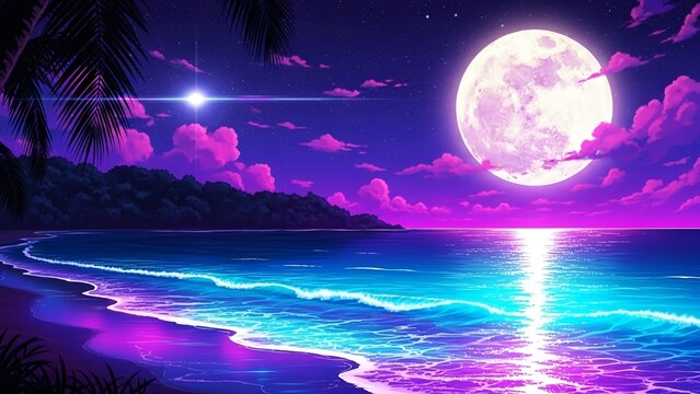 Vibrant neon ocean waves crash onto the shore beneath a massive, glowing full moon sky