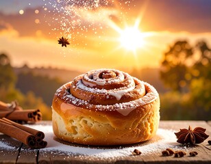 A close-up shot of a frosted pastry, set on a wooden table. Sunlight sparkles behind, creating a warm and inviting ambiance