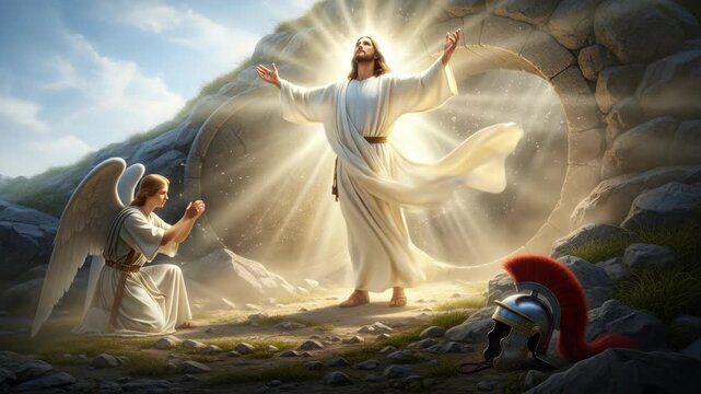 Christ resurrection with an angel praying and an empty tomb. Easter story and religious concept.