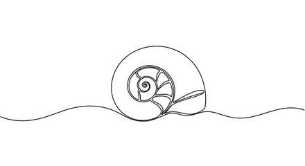 Obraz premium Simple Seashell on a Wavy Line, Continuous One Line Art Design Element