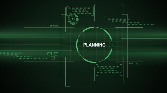 High-tech digital interface featuring a glowing green HUD with central "PLANNING" text, data sequences, and an AI logo, representing strategic foresight and advanced computational analysis.