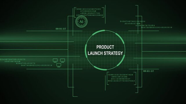A high-tech digital interface featuring a green HUD design with 'Product Launch Strategy' text, numeric data blocks, and artificial intelligence elements for business and technology concepts.