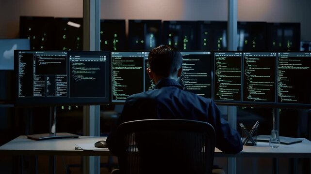 Programmer coding during midnight hours. Technician troubleshooting across several monitors at night. Dedicated developer working through night amidst server arrays and multiple digital displays