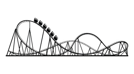 Roller coaster silhouette illustration, black and white amusement ride with cars on rails, theme park attraction graphic, minimal line art vector design isolated. © wow