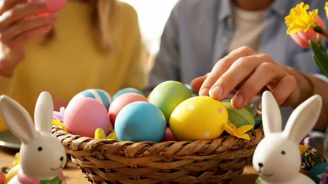 Festive easter holiday preparation sequence with an unrecognizable man and woman. A female hand picks a pink painted egg from a decorative basket on a table with bunnies