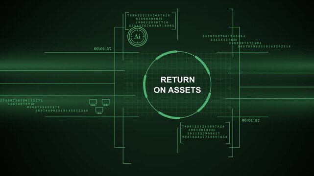 Futuristic Digital HUD Interface Displaying Return on Assets Financial Metric with Scrolling Data and High-Tech Grid Background for Business Analytics