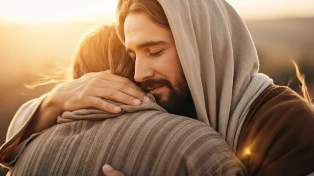 Man with a beard embracing another person, showing comfort and spiritual connection in warm light, representing christianity and faith.