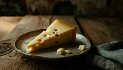 Enjoying a delicious slice of cheese on a rustic wooden table with a soft cloth and scattered cheese cubes