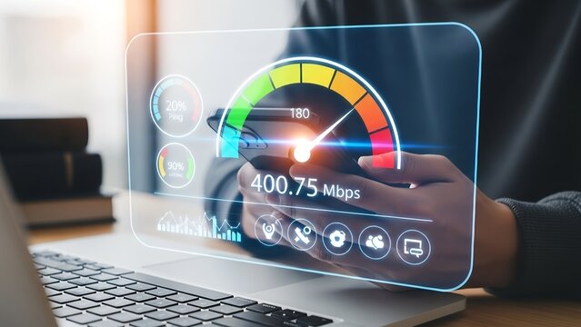 Person tests high-speed internet connection on a smartphone, displaying a futuristic holographic speed gauge showing impressive data transfer rates