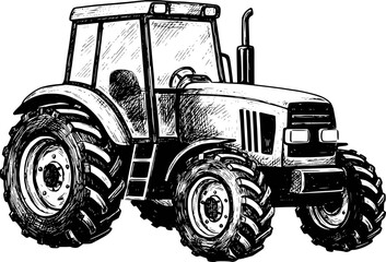 Black and white of a farm tractor with large wheels and enclosed cab a white background © Papri_stock