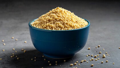 A close-up shot of a full blue ceramic bowl piled high with tiny grains. Grains are scattered around bowl on dark surface