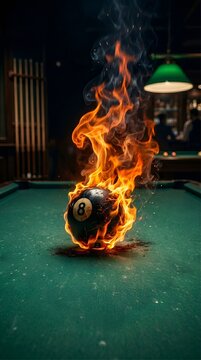 Boule de billard en feu sur un tapis vert de comp&eacute;tition lors d'un coup gagnant