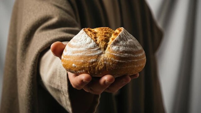Man in robe offering fresh baked bread as religious symbol. Holy eucharist, christianity, faith, and communion concept.