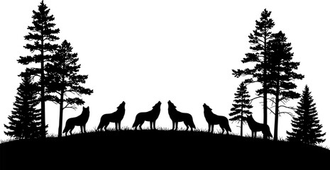 Silhouette of wolves howling at night amidst pine trees © PIXAVIVE