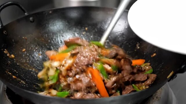 Step by step cooking process of a traditional chinese stir fry with pork liver. Sizzling meat and vegetables in a hot wok being served onto a white plate for a restaurant menu