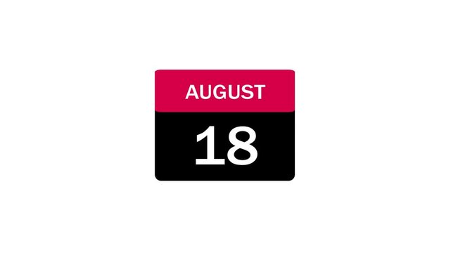 A clean and modern digital calendar icon representing August 18th, designed with a vibrant red top section and a contrasting black base with white typography.