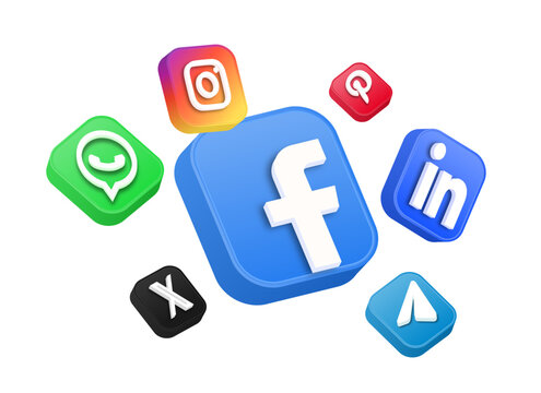 Social media 3d icons. social network 3d logo or networking - popular social media icons in 3d modern square facebook, instagram, youtube, telegram, x, pinterest, whatsapp, linkedin logo icon