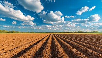 Vast agricultural landscape with freshly plowed fields under a blue sky adorned with fluffy white clouds