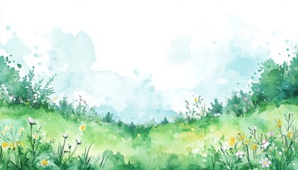 Fototapeta premium Beautiful watercolor landscape with vibrant wildflowers and lush greenery under a serene sky