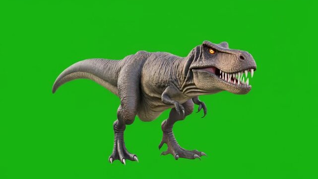 T-Rex dinosaur model attacking, isolated on green screen background