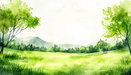 Vibrant green landscape with watercolor trees and distant mountains under a soft sky