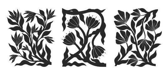 Scandinavian flowers in linocut style.Nordic folk botanical vector illustration set with widflowers,branches and leaves.Bold black and white floral silhouettes for branding,packaging,posters,patterns. © Xenia Artwork 