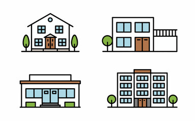 Fototapeta premium Collection of flat building with trees and windows house apartment