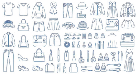 Fototapeta premium Apparel and Tailor Tools Vector Collection – Blue Outline Sewing and Fashion Design Set