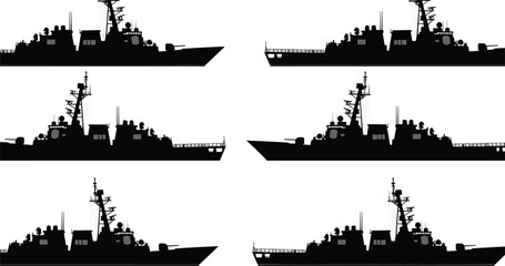 Six Black Silhouette Icons of Modern Warships on White Background naval ship military vessel © Ashraful