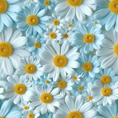 Obraz premium Bright blue background covered with colorful daisies and flowers creating a cheerful and vibrant floral pattern