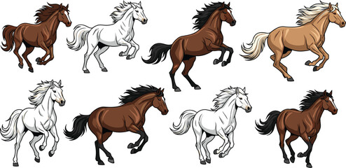 Running Horse Collection with Brown, White and Black Stallions in Dynamic Galloping Poses Cartoon Vector Illustration Set © Yousuf