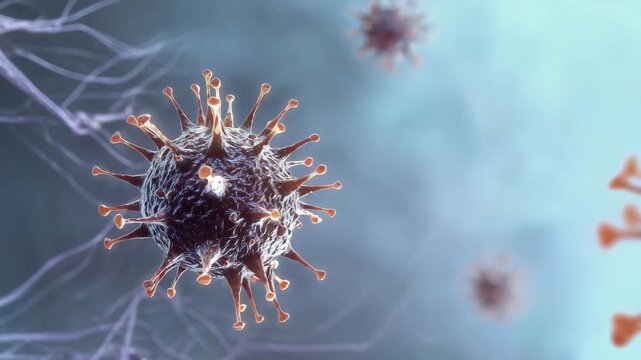 coronavirus particle with visible spike proteins and subtle mutation variations, floating near a glowing neural cell network with synapse nodes, clean scientific macro