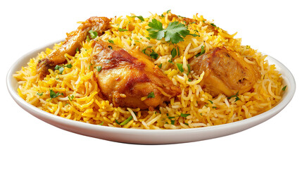 A plate of flavorful chicken biryani on a white plate with herbs isolated on transparent background