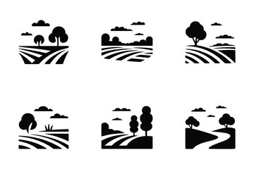Obraz premium Rural Landscape Icons: Fields, Trees, Hills, Clouds