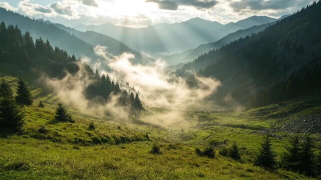 Misty mountain landscape with sunbeams through clouds and trees