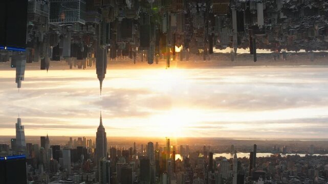 Kaleidoscopic aerial of mirrored New York City cityscape with sun illuminating surreal urban landscape and Empire State Building touching its reflection