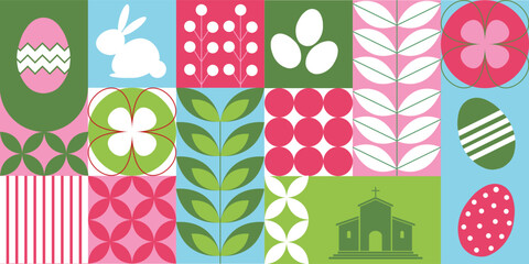 Bright geometric Easter patchwork pattern featuring bunny, decorated eggs, church, florals and leaf motifs in pink, green and blue blocks. © Mariana