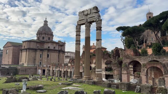 Roman Forum and Imperial Forums in Rome Italy, ancient archaeological ruins in daylight, historic center of the Roman Empire, classical architecture documentary 4K ProRes footage