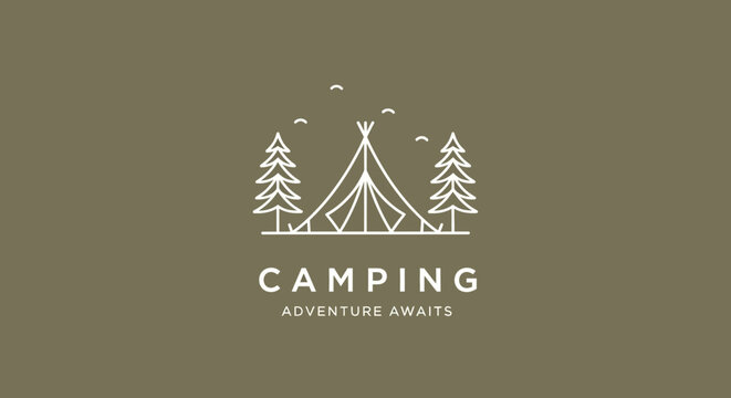Minimalist Line Art Camping Adventure Logo with Teepee Tent and Pine Trees in Nature. Outdoor Travel Vector Illustration.