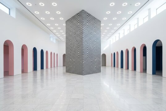 Modern Architecture Interior with Multiple Doorways and Central Structure