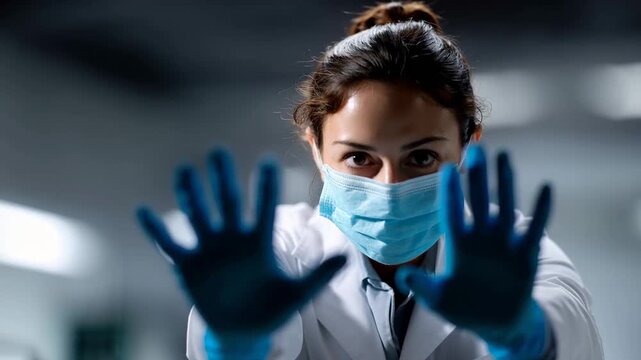 Masked female nurse putting on gloves before a procedure, hands in sharp focus, blurred background with neutral tones, clean banner layout for medical services, with copy space