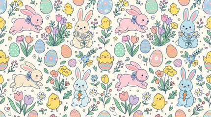 Colorful Easter Pattern with Bunnies, Chicks, and Eggs on White Background