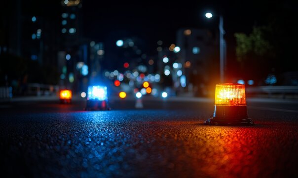 Night Roadblock with Flashing Lights and Clean Surface in Urban Setting